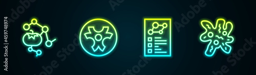 Set line Genetically modified food, Biohazard symbol, Clinical record and Cell. Glowing neon icon. Vector