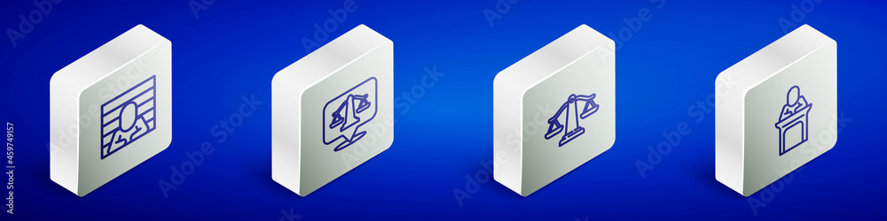 Set Isometric line Prisoner, Scales of justice, and Judge icon. Vector Set Isometric line Prisoner, Scales of justice, and Judge icon. Vector