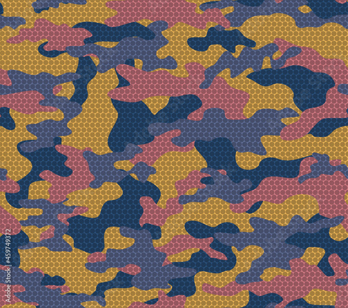 
Vector camouflage seamless pattern blue, pink, yellow spots, fashionable abstraction.