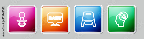 Set line Baby dummy pacifier, , potty and . Colorful square button. Vector