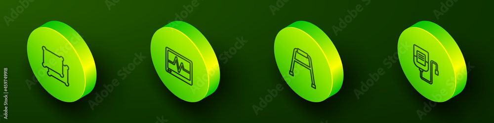 Set Isometric line Pillow, Monitor with cardiogram, Walker and IV bag icon. Vector