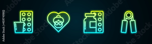 Set line Pills in blister pack, Grandmother, and Sport expander. Glowing neon icon. Vector