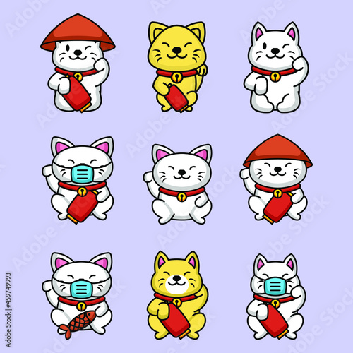 Set of cute maneki neko cat mascot design