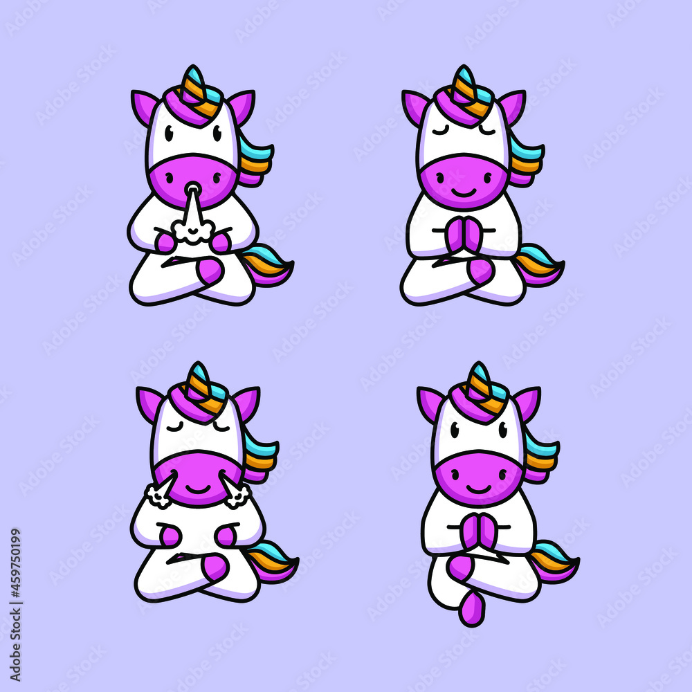 Set of cute unicorn in yoga pose 