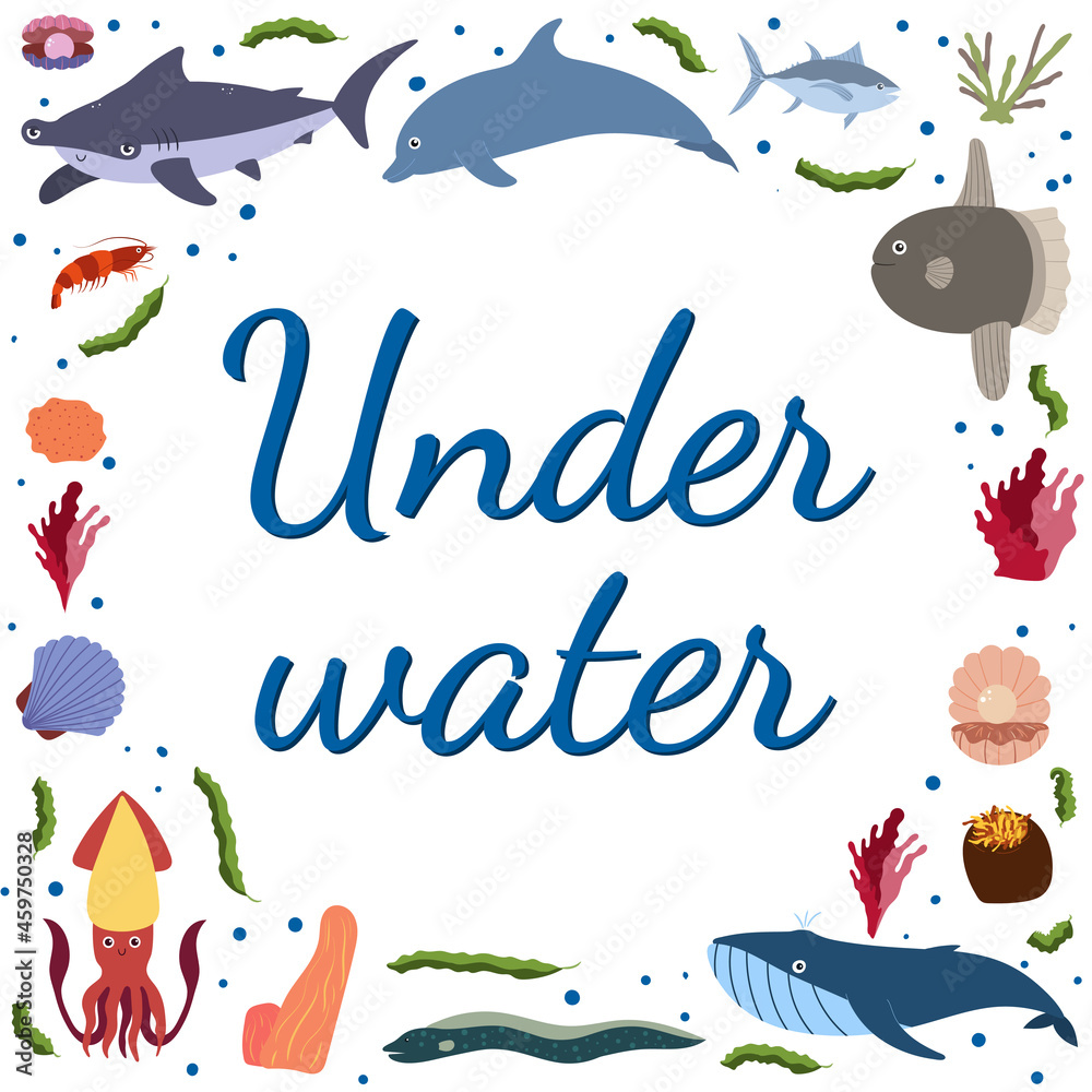 Frame template with cartoon sea animals. Ocean background with circle silhouette. Underwater life. Hummerhead shark, dolphin, squid and whale Frame template with cartoon sea animals. Ocean background with circle silhouette. Underwater life. Hummerhead shark, dolphin, squid and whale