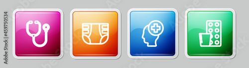 Set line Stethoscope, Adult diaper, Male head with hospital and Pills in blister pack. Colorful square button. Vector