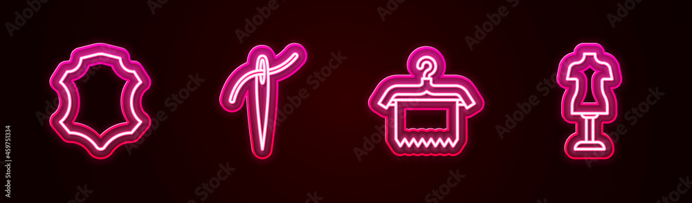 Set line Leather, Needle with thread, Hanger wardrobe and Mannequin. Glowing neon icon. Vector Set line Leather, Needle with thread, Hanger wardrobe and Mannequin. Glowing neon icon. Vector