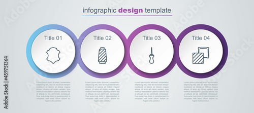 Set line Leather, Sewing thread on spool, Awl tool and Textile fabric roll. Business infographic template. Vector