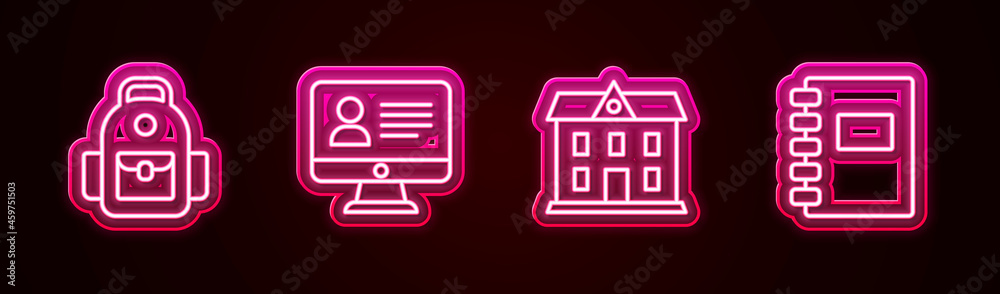 Set line School backpack, Online class, building and Spiral notebook. Glowing neon icon. Vector Set line School backpack, Online class, building and Spiral notebook. Glowing neon icon. Vector