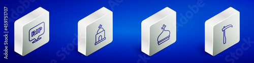 Set Isometric line Speech bubble rip death, Old crypt, Church tower and Scythe icon. Vector