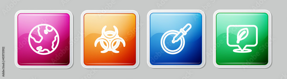 Set line Earth globe, Biohazard symbol, Petri dish with pipette and Location leaf. Colorful square button. Vector Set line Earth globe, Biohazard symbol, Petri dish with pipette and Location leaf. Colorful square button. Vector