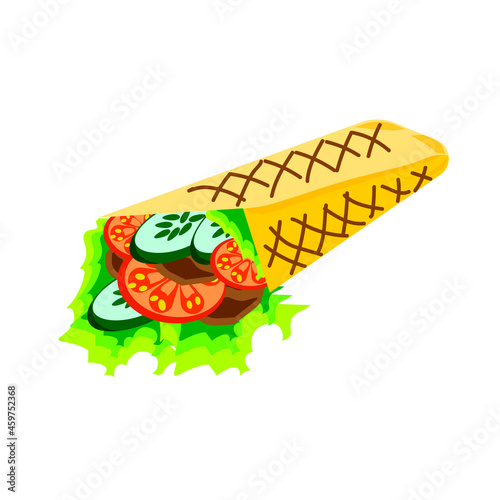 Colorful, appetizing shawarma with meat, tomatoes,cucumber, lettuce, on a white background.Vector illustration for fast food.
