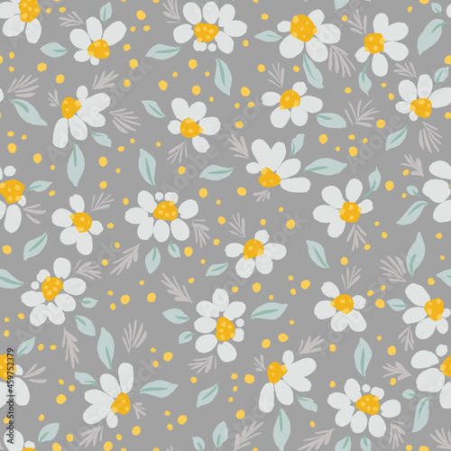 Beautiful chamomile flowers on gray background repeating pattern