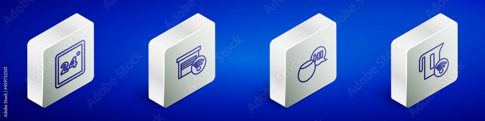 Set Isometric line Thermostat, Smart garage, Voice assistant and electric kettle icon. Vector Set Isometric line Thermostat, Smart garage, Voice assistant and electric kettle icon. Vector
