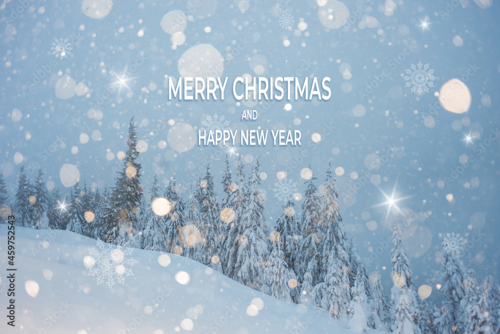 Winter landscape with Merry Christmas text