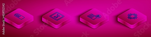 Set Isometric line Remote control, Thermostat, Air humidifier and Processor with CPU icon. Vector