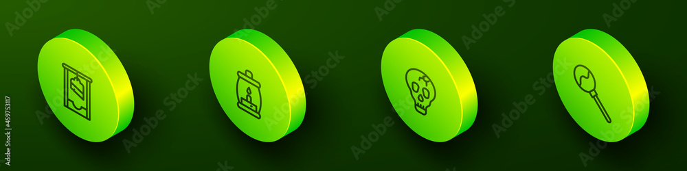 Set Isometric line Guillotine, Camping lantern, Skull and Lollipop icon. Vector Set Isometric line Guillotine, Camping lantern, Skull and Lollipop icon. Vector