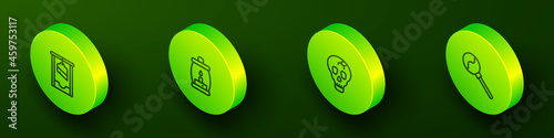 Set Isometric line Guillotine, Camping lantern, Skull and Lollipop icon. Vector