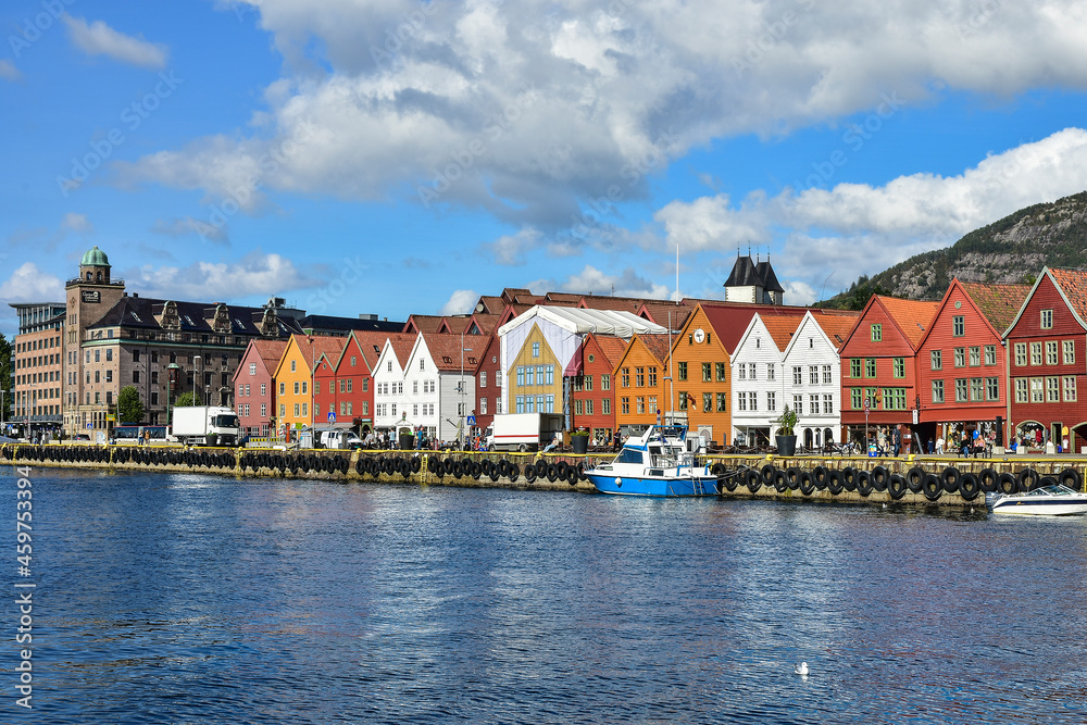 colorful wooden buildings in Bryggen district in Bergen, a beautiful city in Norway