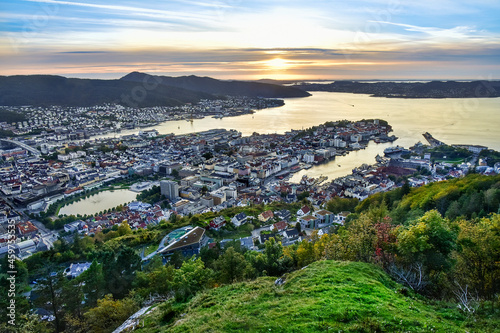 view from the top of Floyen on Bergen in norway, beautiful sunset