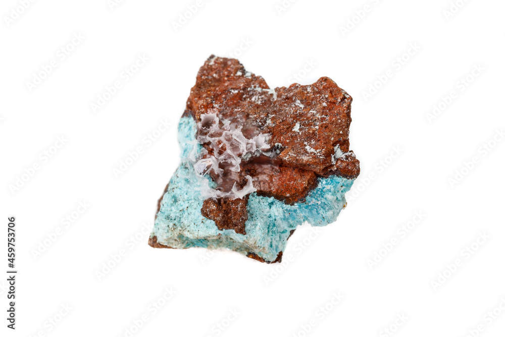 Macro mineral aurichalcite stone on microcline on white background Macro mineral aurichalcite stone on microcline on white background
