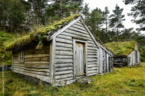 old Norwegian houses  grass and moss on the roof