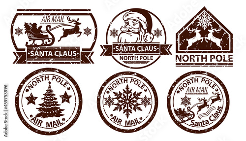 Christmas mail stamp, vector Santa Claus postage, north pole vintage postal sign isolated on white. X-mas grunge postcard label, holiday correspondence print, reindeer silhouette. Christmas ink stamp