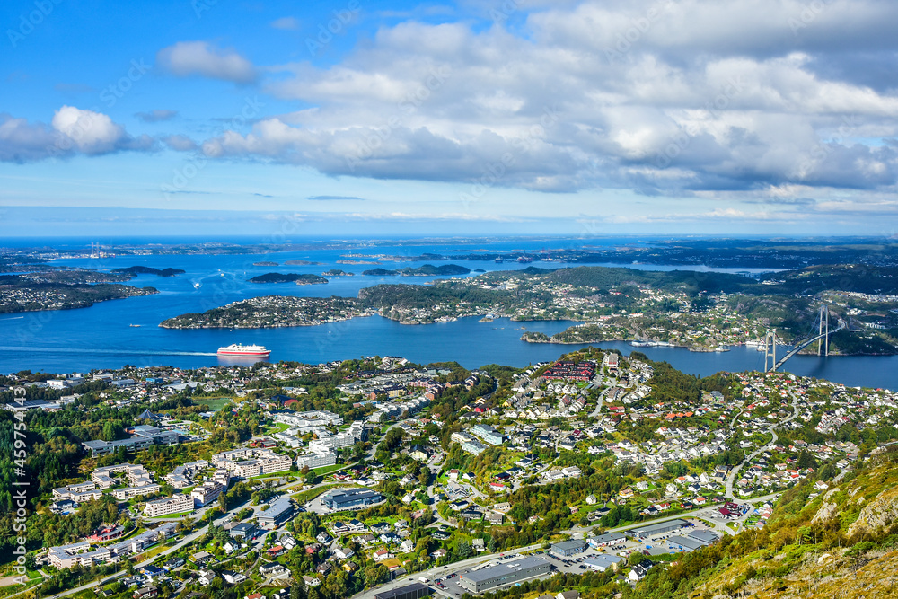 Norwegian sea and town, view from the top of Lyderhorn in Norway.