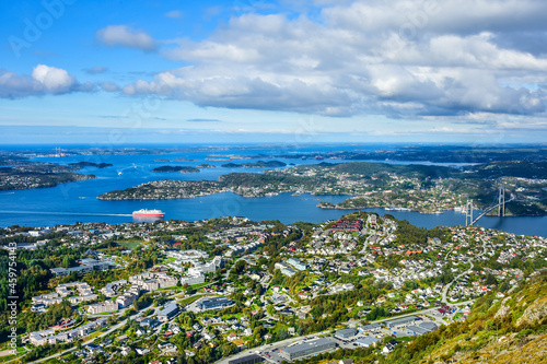 Norwegian sea and town, view from the top of Lyderhorn in Norway. © VinyLove Foto