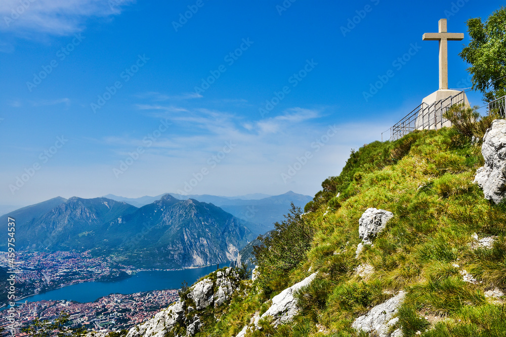 view from the top of Piani D'Erna on the town of Lecco, Italy 