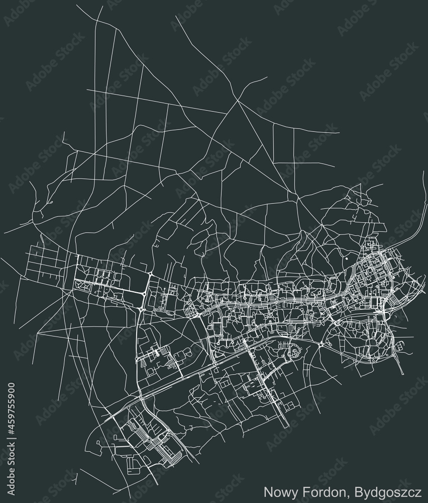 Detailed negative navigation urban street roads map on dark gray background of the quarter Nowy Fordon district of the Polish regional capital city of Bydgoszcz, Poland