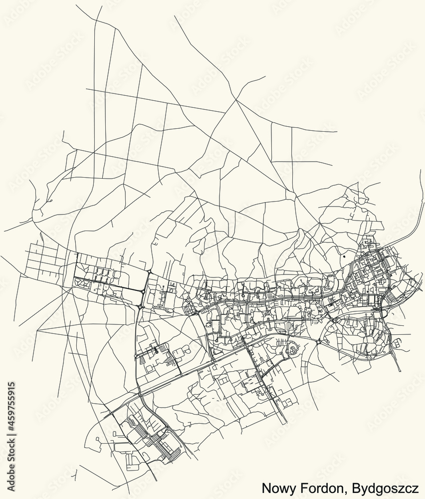 Detailed navigation urban street roads map on vintage beige background of the quarter Nowy Fordon district of the Polish regional capital city of Bydgoszcz, Poland