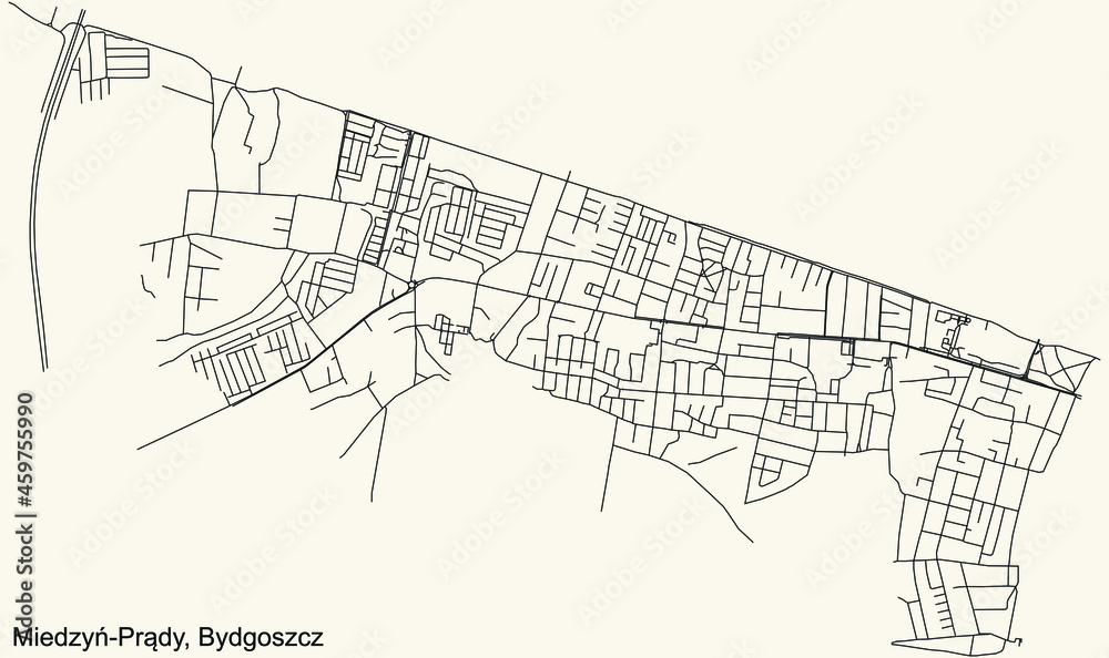 Obraz premium Detailed navigation urban street roads map on vintage beige background of the quarter Miedzyń–Prądy district of the Polish regional capital city of Bydgoszcz, Poland