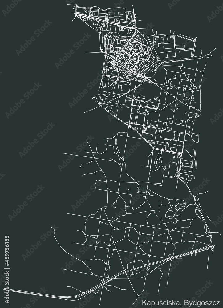 Detailed negative navigation urban street roads map on dark gray background of the quarter Kapuściska district of the Polish regional capital city of Bydgoszcz, Poland