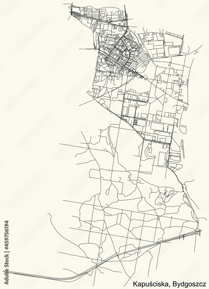 Detailed navigation urban street roads map on vintage beige background of the quarter Kapuściska district of the Polish regional capital city of Bydgoszcz, Poland