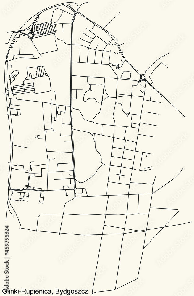 Detailed navigation urban street roads map on vintage beige background of the quarter Glinki-Rupienica district of the Polish regional capital city of Bydgoszcz, Poland