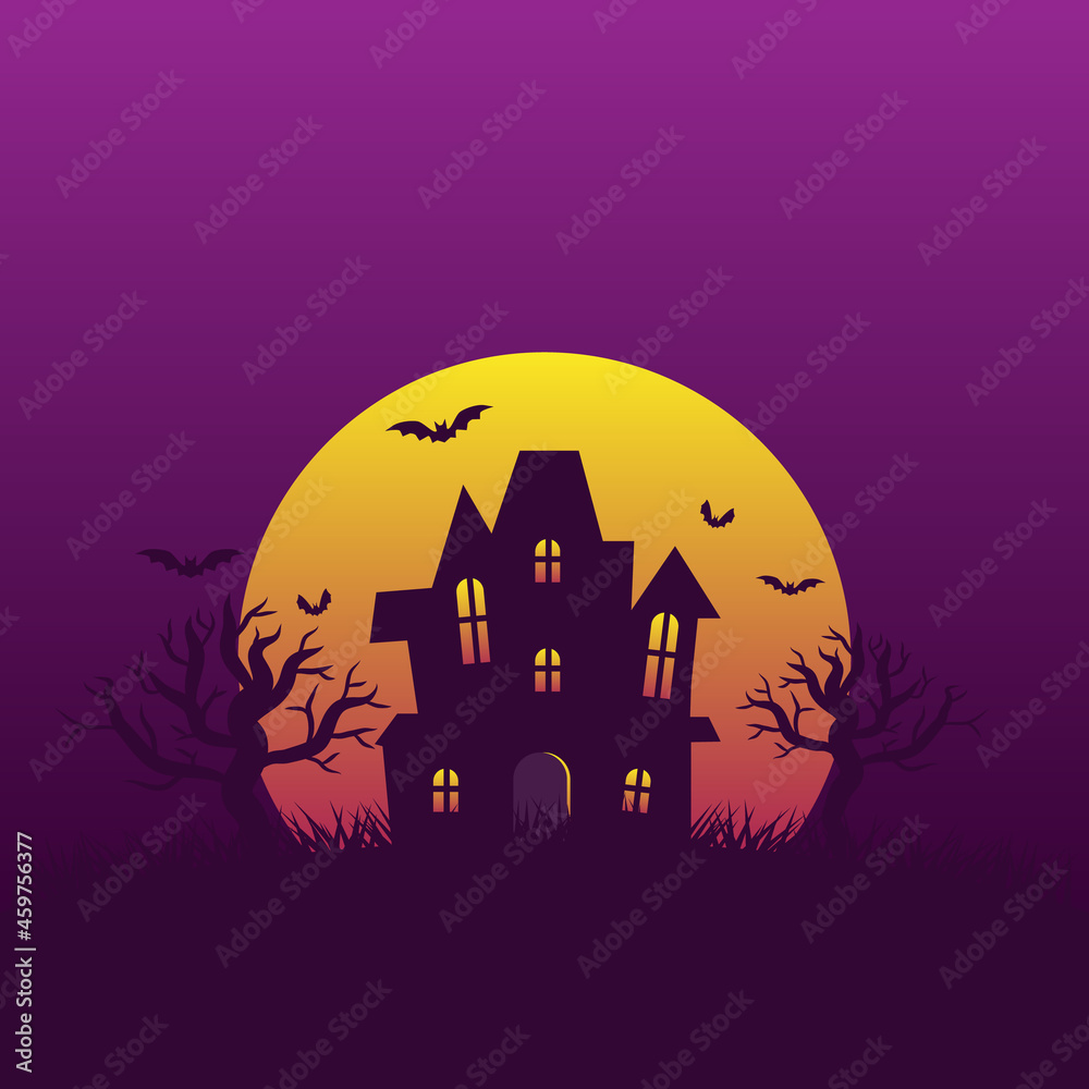Halloween night background with haunted house on hill and bats flying around full moon with copy space for decorative design