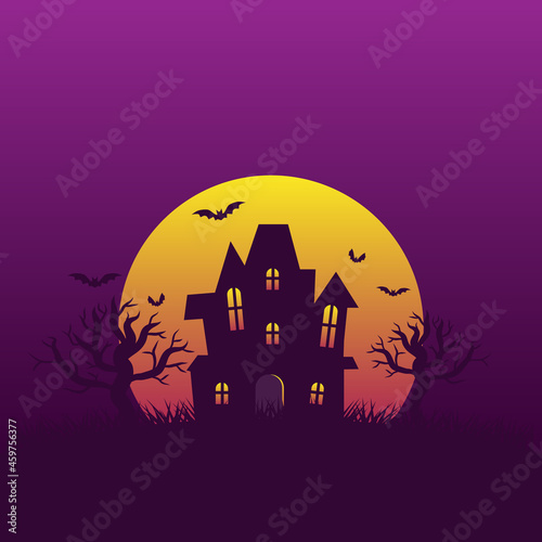 Halloween night background with haunted house on hill and bats flying around full moon with copy space for decorative design