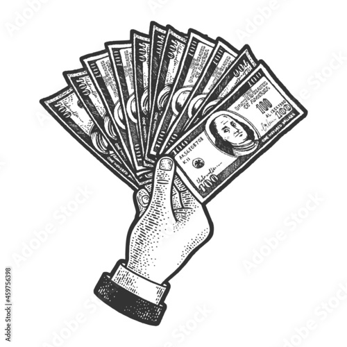 Hand with dollar money cash fan sketch engraving vector illustration. T-shirt apparel print design. Scratch board imitation. Black and white hand drawn image.