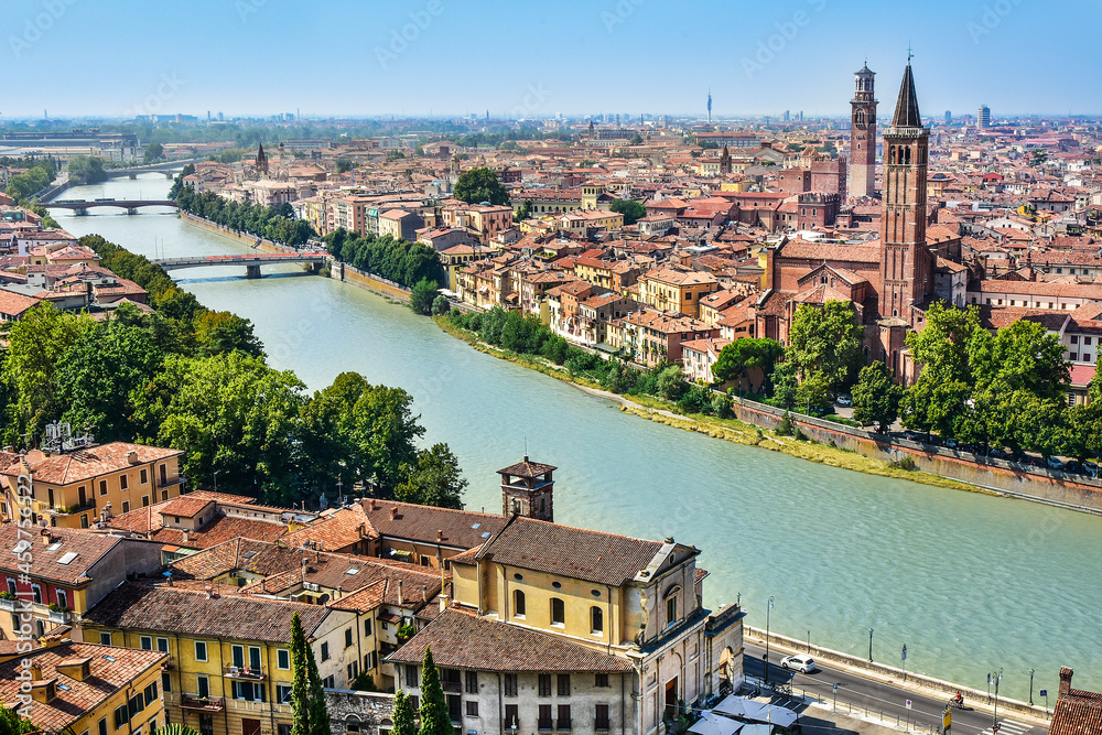 beautiful view of the river and Verona, Italy