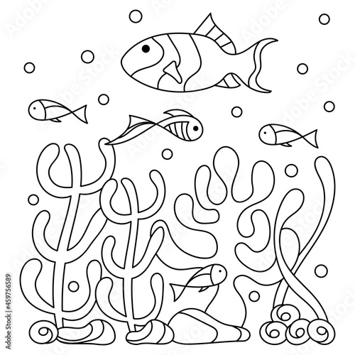 Coloring book for older children , Underwater. Marine vector motif . Doodles of the underwater world, sea, ocean, river .