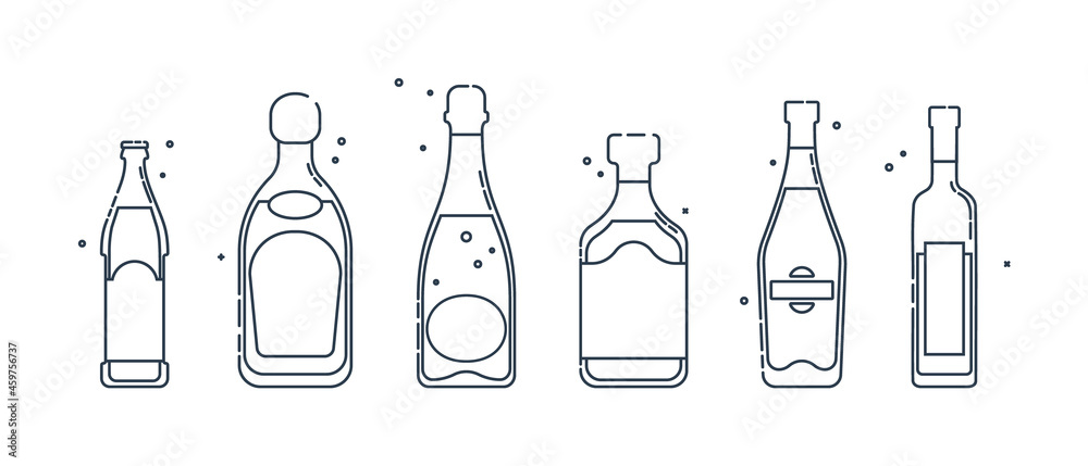 Bottle beer tequila champagne rum martini vodka line art in flat style. Restaurant alcoholic illustration for celebration design. Design contour element. Beverage outline icon. Isolated on white. Bottle beer tequila champagne rum martini vodka line art in flat style. Restaurant alcoholic illustration for celebration design. Design contour element. Beverage outline icon. Isolated on white.