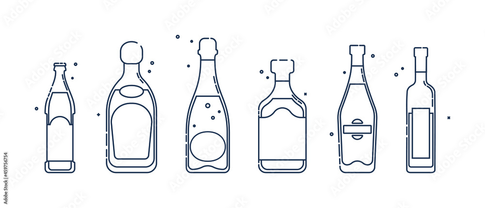 Bottle beer tequila champagne rum martini vodka line art in flat style. Restaurant alcoholic illustration for celebration design. Design contour element. Beverage outline icon. Isolated on white. Bottle beer tequila champagne rum martini vodka line art in flat style. Restaurant alcoholic illustration for celebration design. Design contour element. Beverage outline icon. Isolated on white.