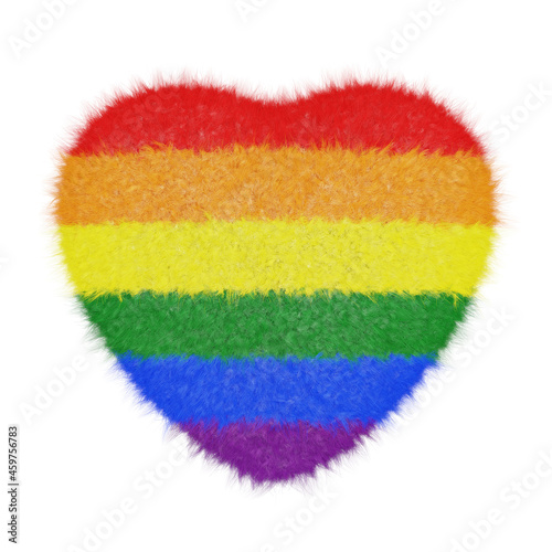 Realistic 3D illustration of the cute fluffy rainbow LGBT pride or gay pride flag fur heart isolated on white
