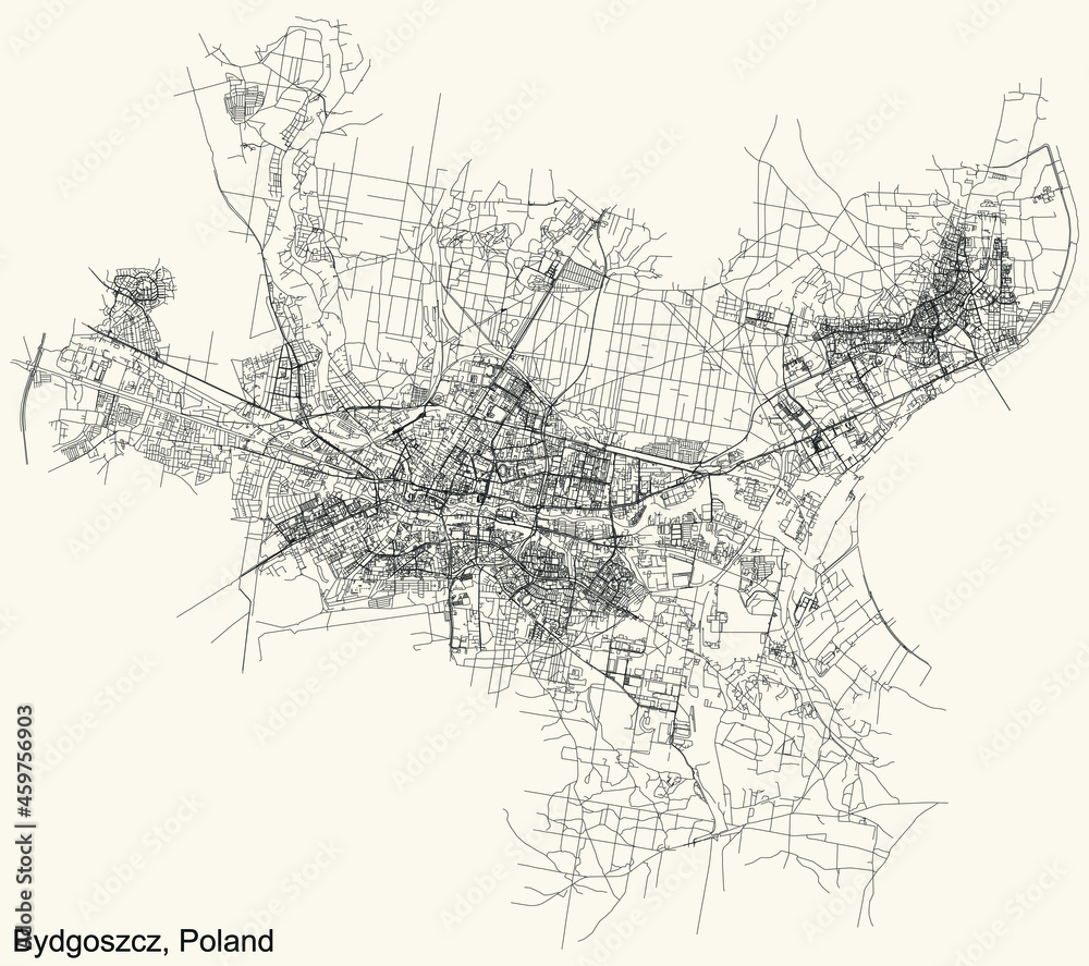 Detailed navigation urban street roads map on vintage beige background of the Polish regional capital city of Bydgoszcz, Poland