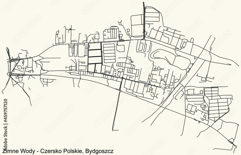 Detailed navigation urban street roads map on vintage beige background of the quarter Zimne Wody–Czersko Polskie district of the Polish regional capital city of Bydgoszcz, Poland