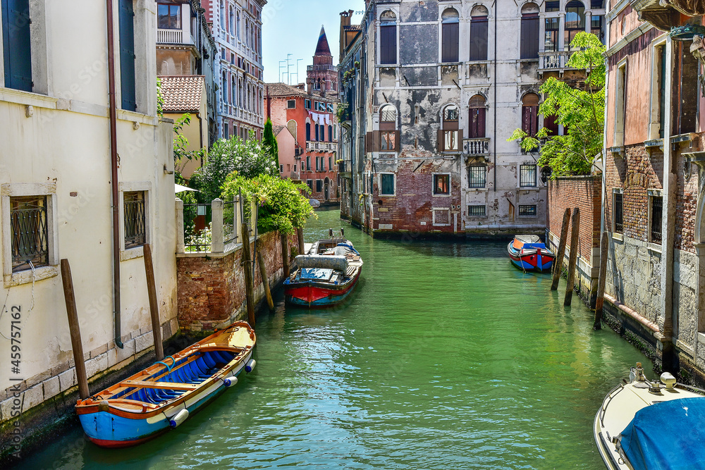Gondola on the canal in Venice, typical Italy architecture