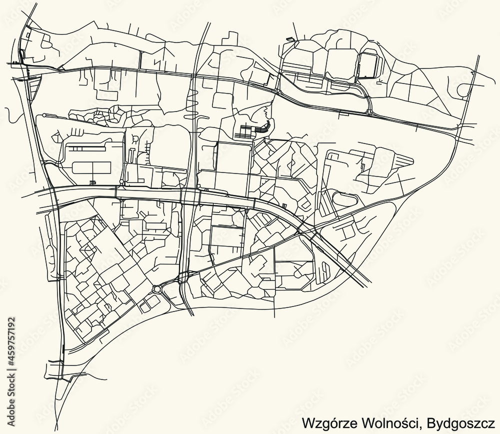 Obraz premium Detailed navigation urban street roads map on vintage beige background of the quarter Wzgórze Wolności district of the Polish regional capital city of Bydgoszcz, Poland