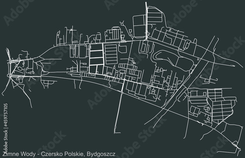 Detailed negative navigation urban street roads map on dark gray background of the quarter Zimne Wody–Czersko Polskie district of the Polish regional capital city of Bydgoszcz, Poland