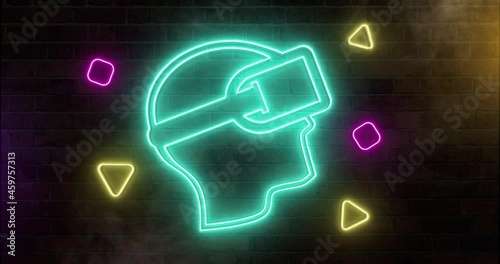 Neon VR Headset Sign Flickering On Brick Wall 